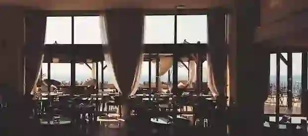 interior of restaurant, overlooking beach